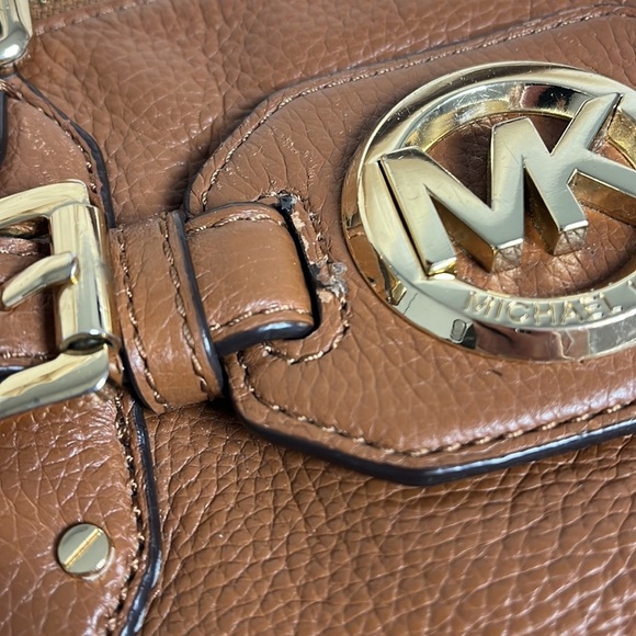 Michael Kors Hudson Large Satchel Camel Brown Dark Tan Leather Bag Gold Accents - Picture 9 of 14